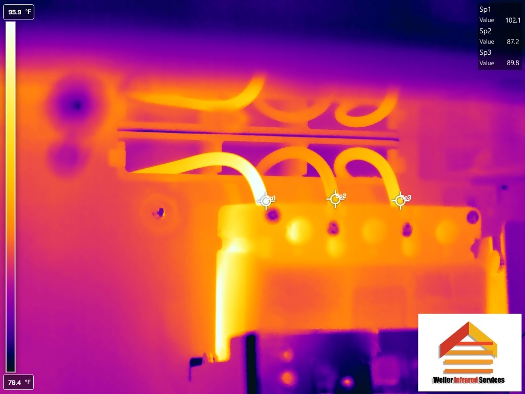 Infrared thermal image of bus bar connections with temperature spot readings