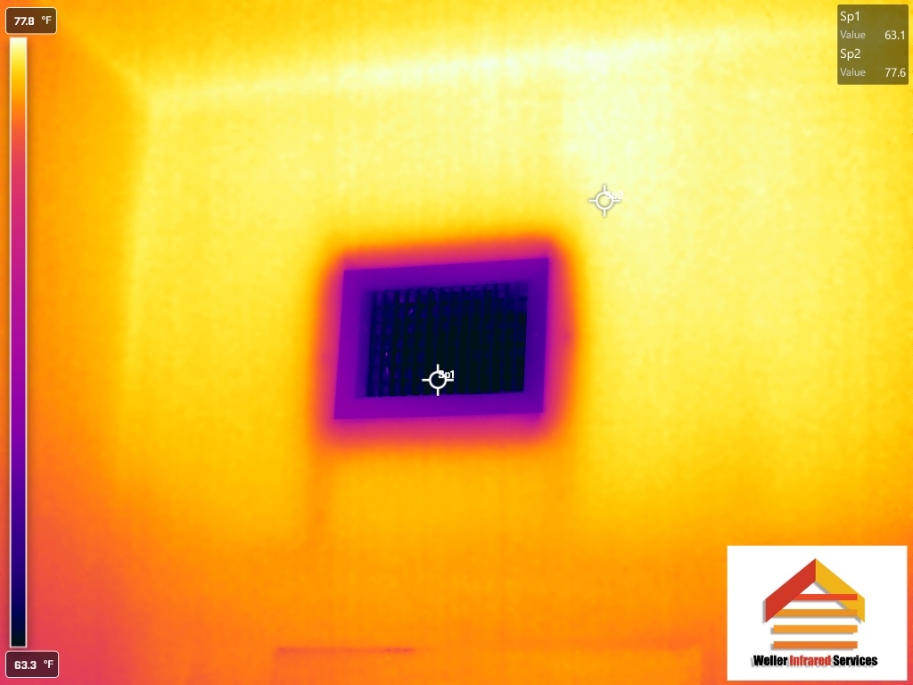 Interior infrared scan showing cold air from HVAC vent against warm wall